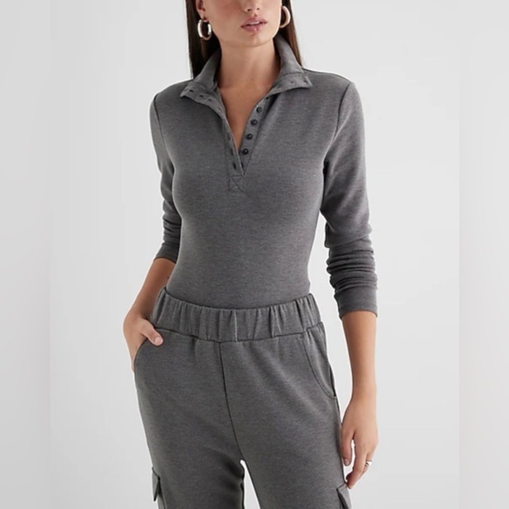 Express Womens Small Gray Body Contour Luxe Lounge Long Sleeve Henley Bodysuit S
